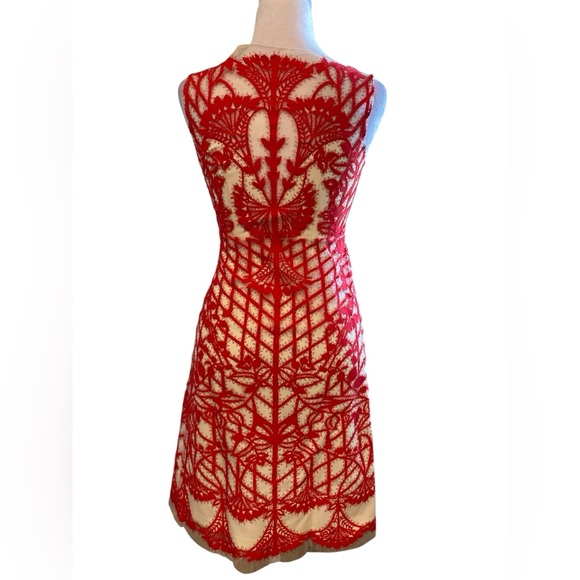 Anthropologie Bold Red Embroidered Dress Mesh Illusion Sleeveless Elegant Summer - Picture 6 of 11